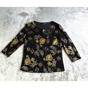 Brittany Y2K Black Gold & Red Accents Floral Blouse Size Small (?) 3/4 sleeves